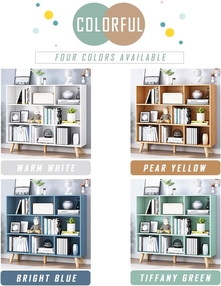 IOTXY Wooden Open Shelf Bookcase - 3-Tier Floor Standing Display Cabinet Rack with Legs, 8 Cubes Bookshelf, Pear Yellow