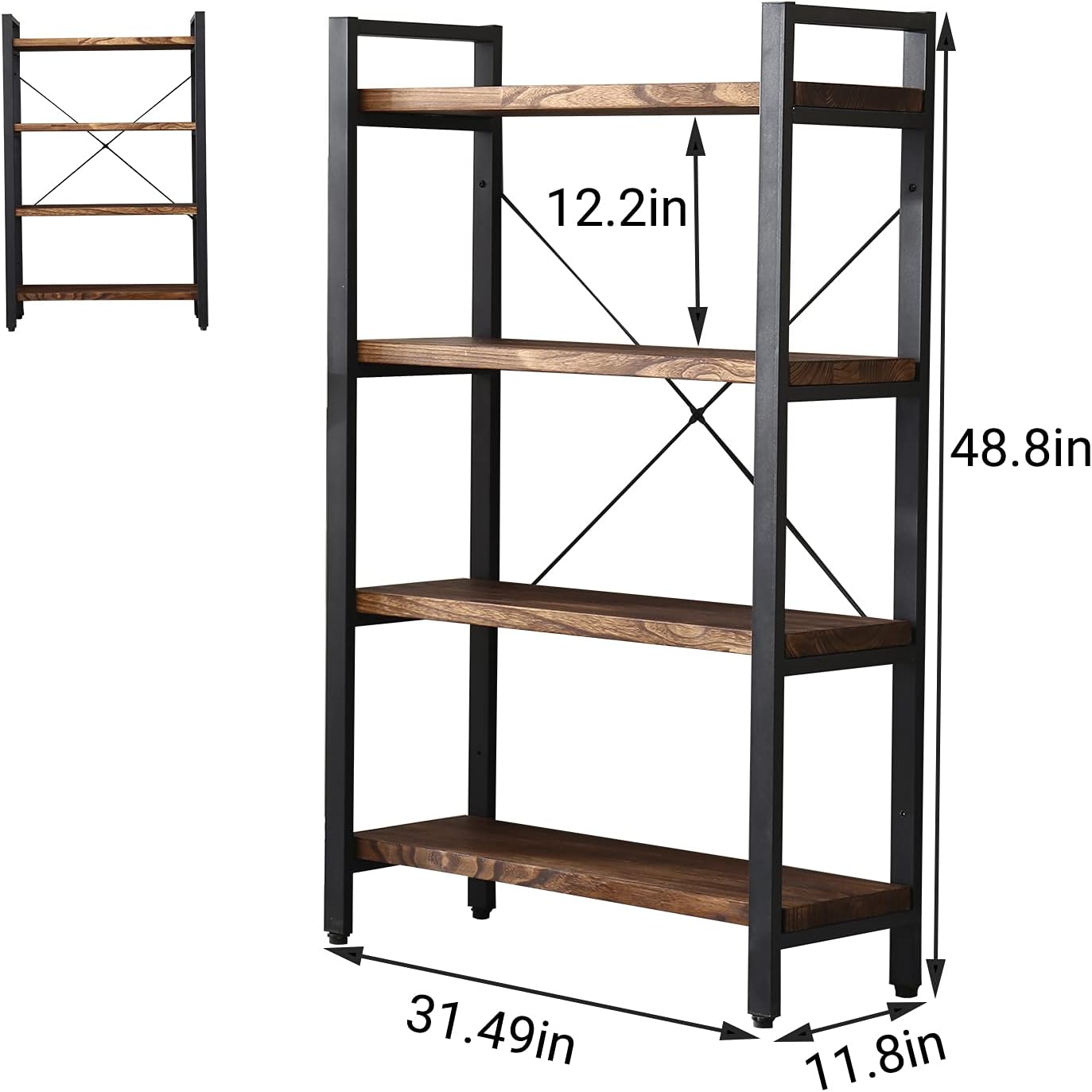 Solid Wood Bookshelf, 4-Tier Rustic Vintage Industrial Etagere Bookcase, Open Metal & Wood Vintage Book Shelf, Retro Brown