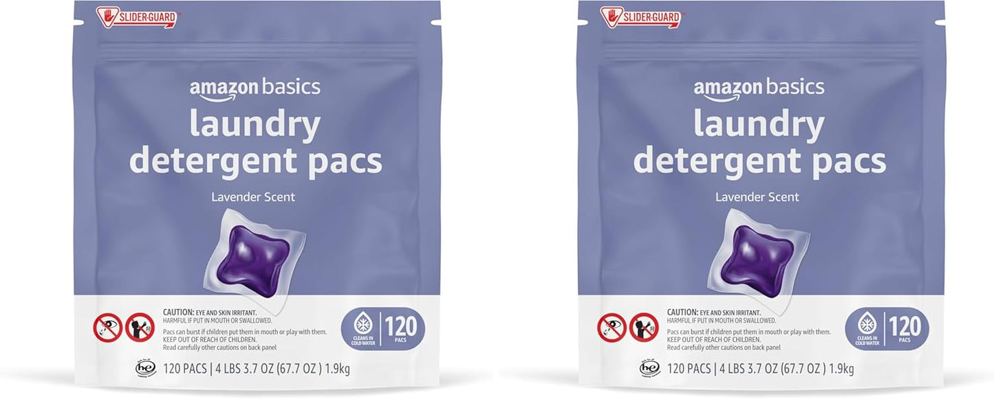 Amazon Basics Laundry Detergent Pods, 120 Pacs for 120 Medium Loads, Lavender Scent, (Previously Solimo) (Pack of 2)