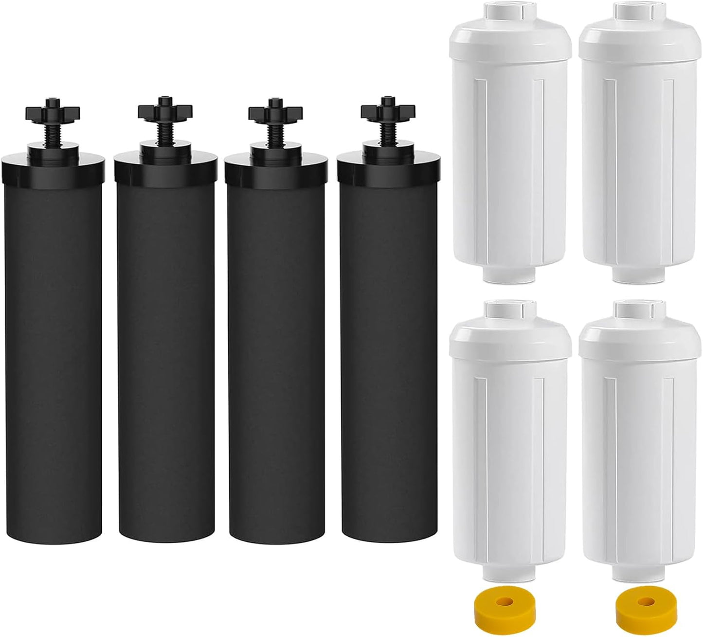 Water Filter Replacement Compatible with Berkey® Gravity Filter Filtration System, NSF/ANSI 42 Certified 4 Black Filters and 4 Fluoride Filters PF2 for Travel, Big, Royal Series
