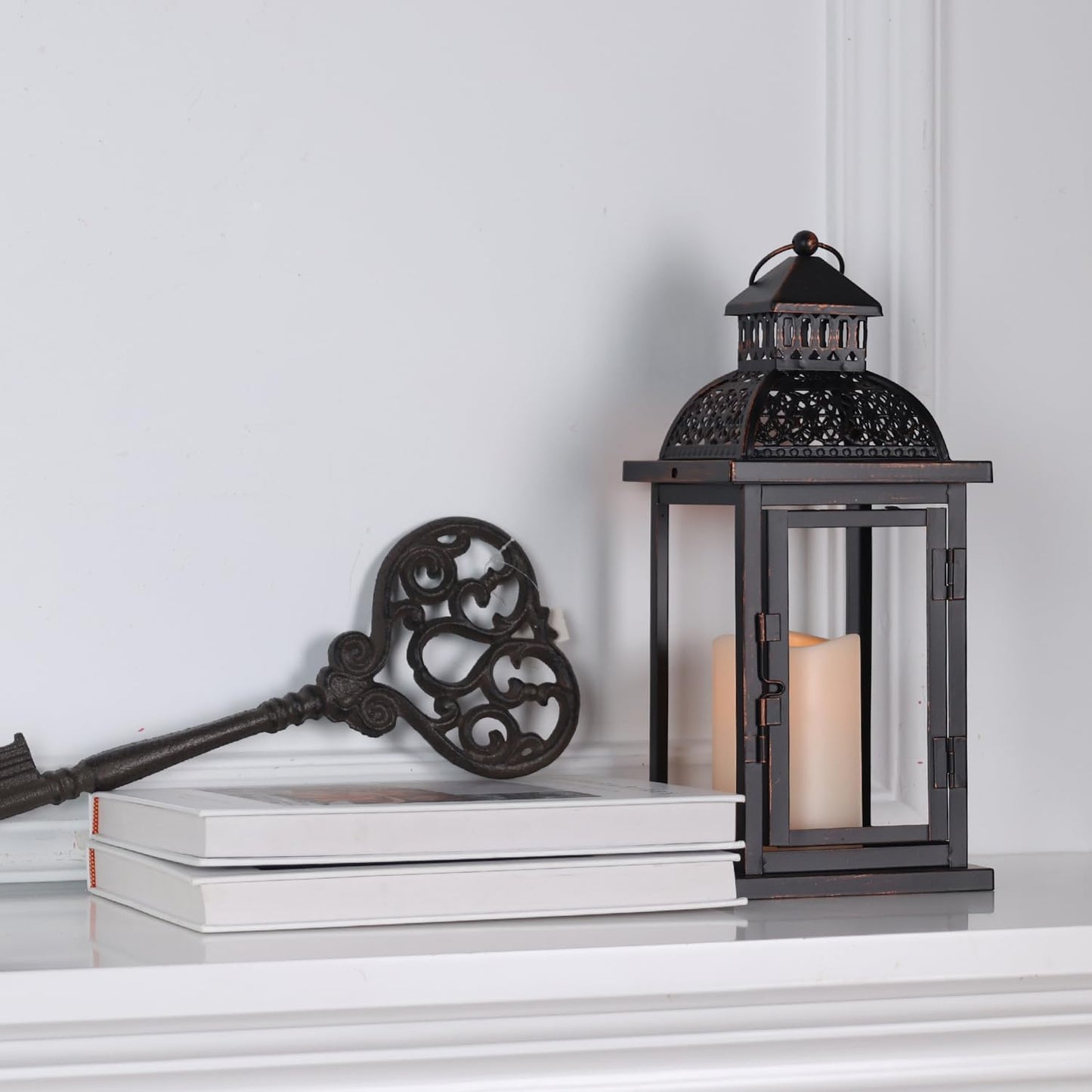 NEEDOMO Lanterns Decorative Indoor & Outdoor, 15'' Lantern with LED Candle, Vintage Metal Hanging Lanterns for Patio, Front Porch,Yard, Table, Spring (NO Glass)