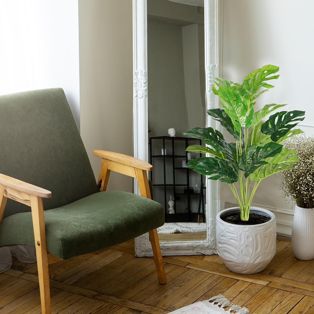 Melorca&Guilla Artificial Plants 2PCS 30“Large Fake Monstera Plants,Faux Tropical Palm Plant,Tall Artificial Tree Greenery Shrubs Bushes for Garden Porch Window Box Shop Office Home Décor