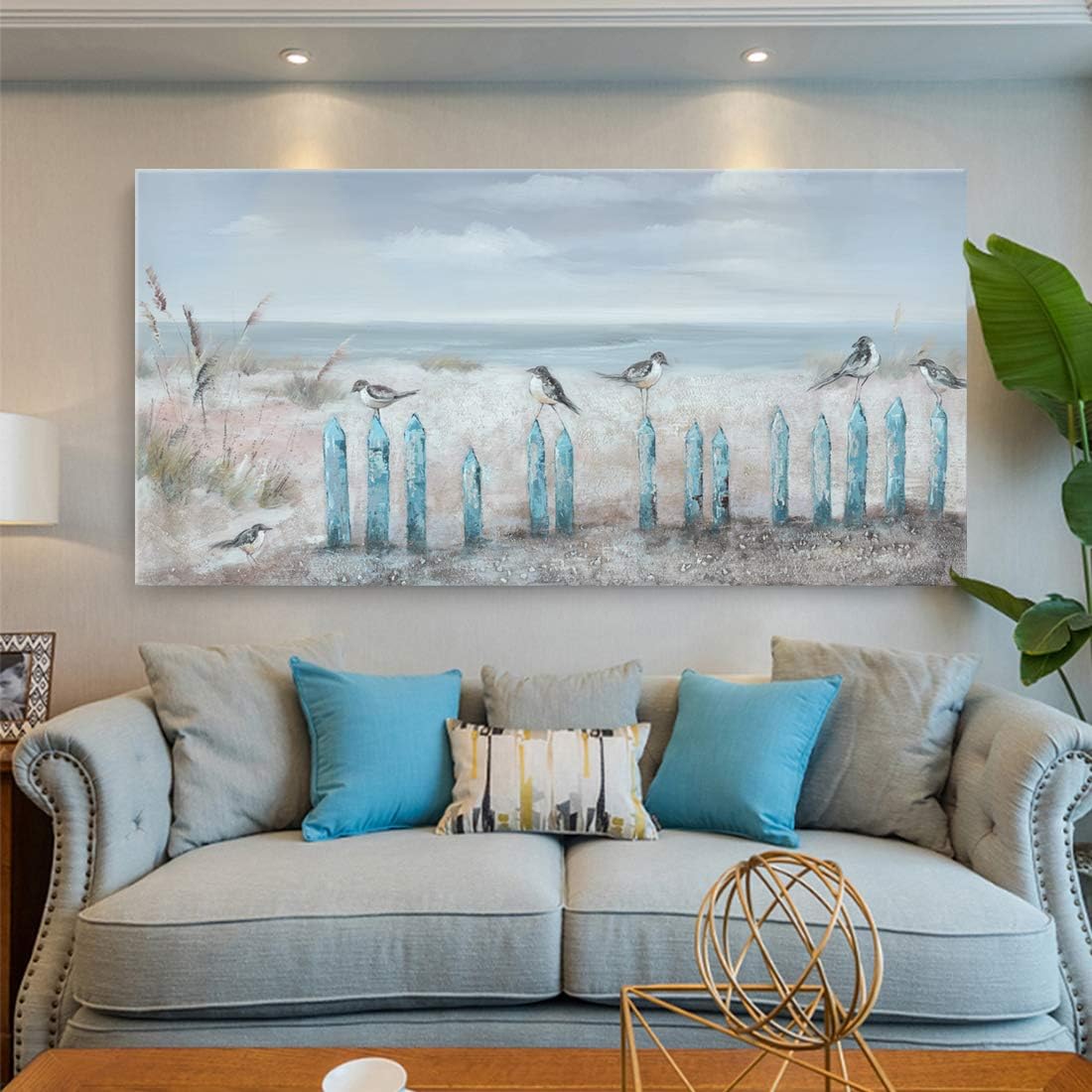 Big Wall Art for Living Room Extra Large Hand-painted Beach Oil Painting Ocean Sea Bird Seagull Canvas Artwork Framed Seascape Coastal Picture for Office Bedroom Decor 60 x 30 inch