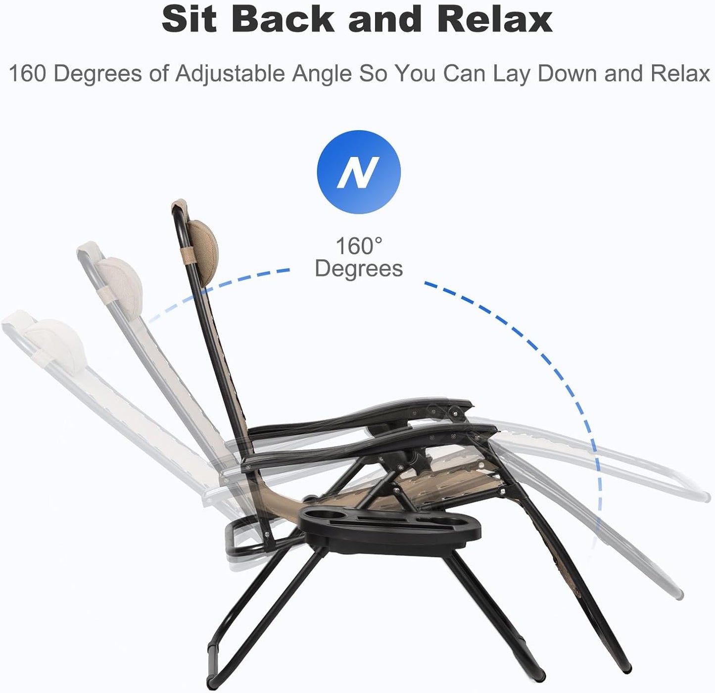 Nazhura Set of 2 Relaxing Recliners Patio Chairs Adjustable Steel Mesh Zero Gravity Lounge Chair Beach Chairs with Pillow and Cup Holder Khaki (Kahki)