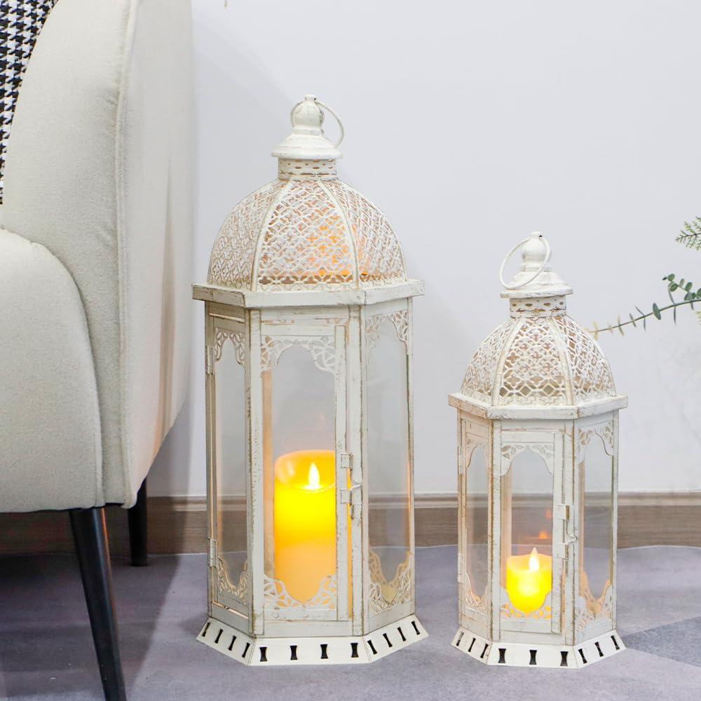 JHY DESIGN Set of 2 Decorative Candle Lanterns 22"&17" H Outdoor Vintage Metal Candle Holder for Garden Living Room Indoor Parties Weddings Patio Home Decor(White with Gold Brush)