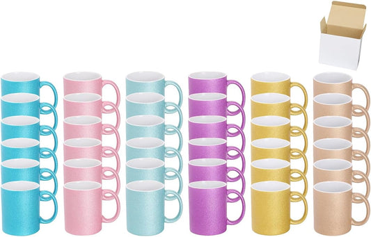 11oz White Ceramic Sublimation Coffee Mug in White Gift Box, 6 Sparkling Mixed Colors, Case of 36