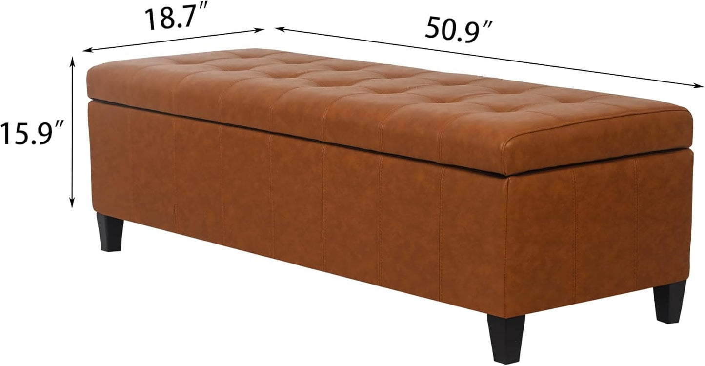 Joveco 51 Inch Storage Ottoman Bench,Tufted Leather Storage Bench for Bedroom (51”,Dark Orange)