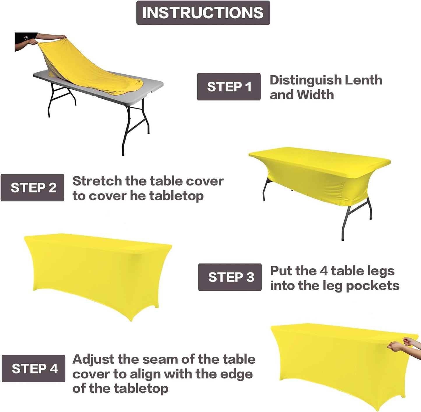 IVAPUPU 2 Pack 4FT Table Cloth for Rectangular Fitted Events Stretch Yellow Table Covers Washable Cover Spandex Tablecloth Protector for Party, Wedding, Cocktail, Banquet, Festival