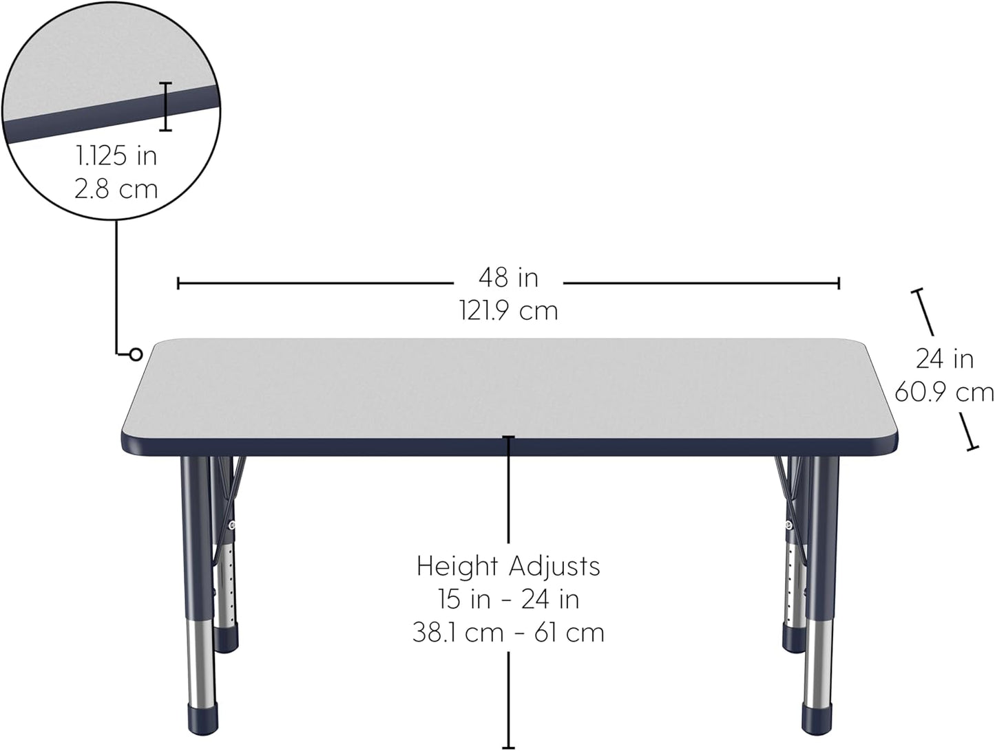 FDP Rectangle Activity School and Kids Classroom Table (24 x 48 inch), Toddler Legs, Adjustable Height 15-24 inches - Gray Top and Navy Edge