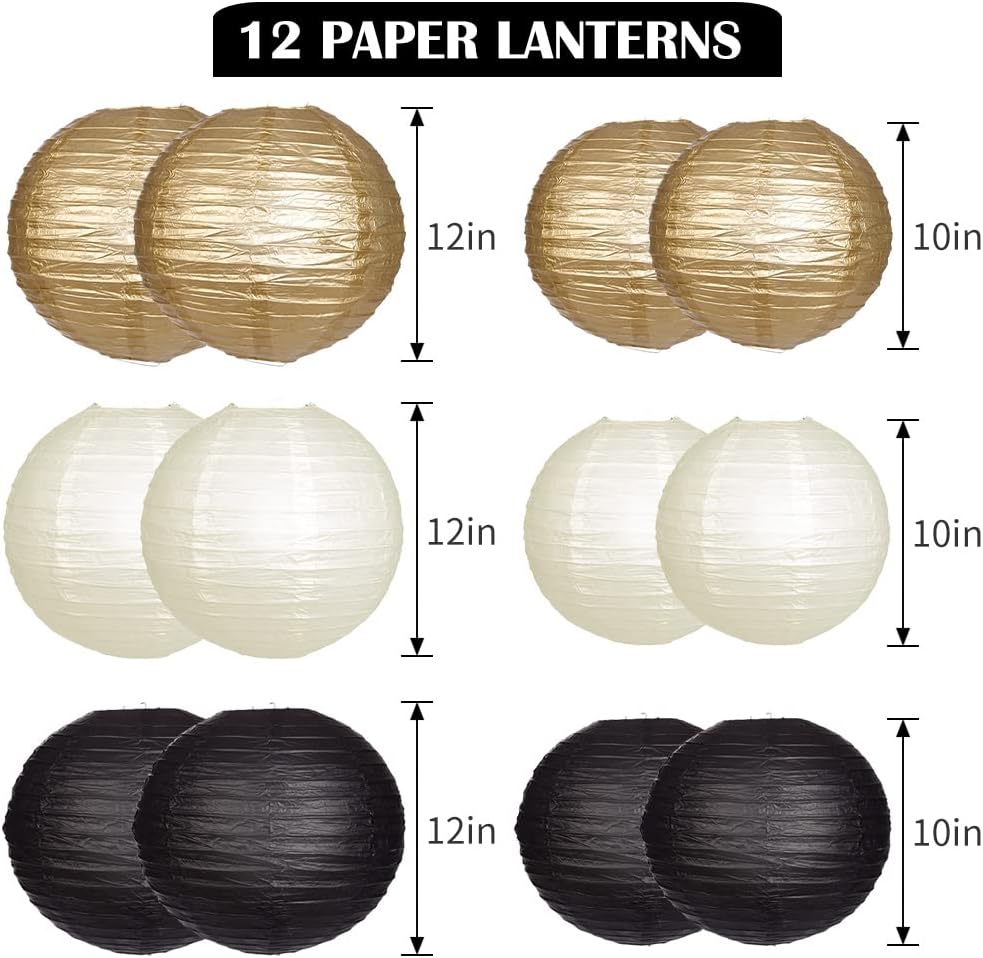 Paper Lanterns Decorative, Black Gold Hanging Round Chinese Lanterns with Lights for Graduation Anniversary Birthday Party 12 LED Light Pack of 12