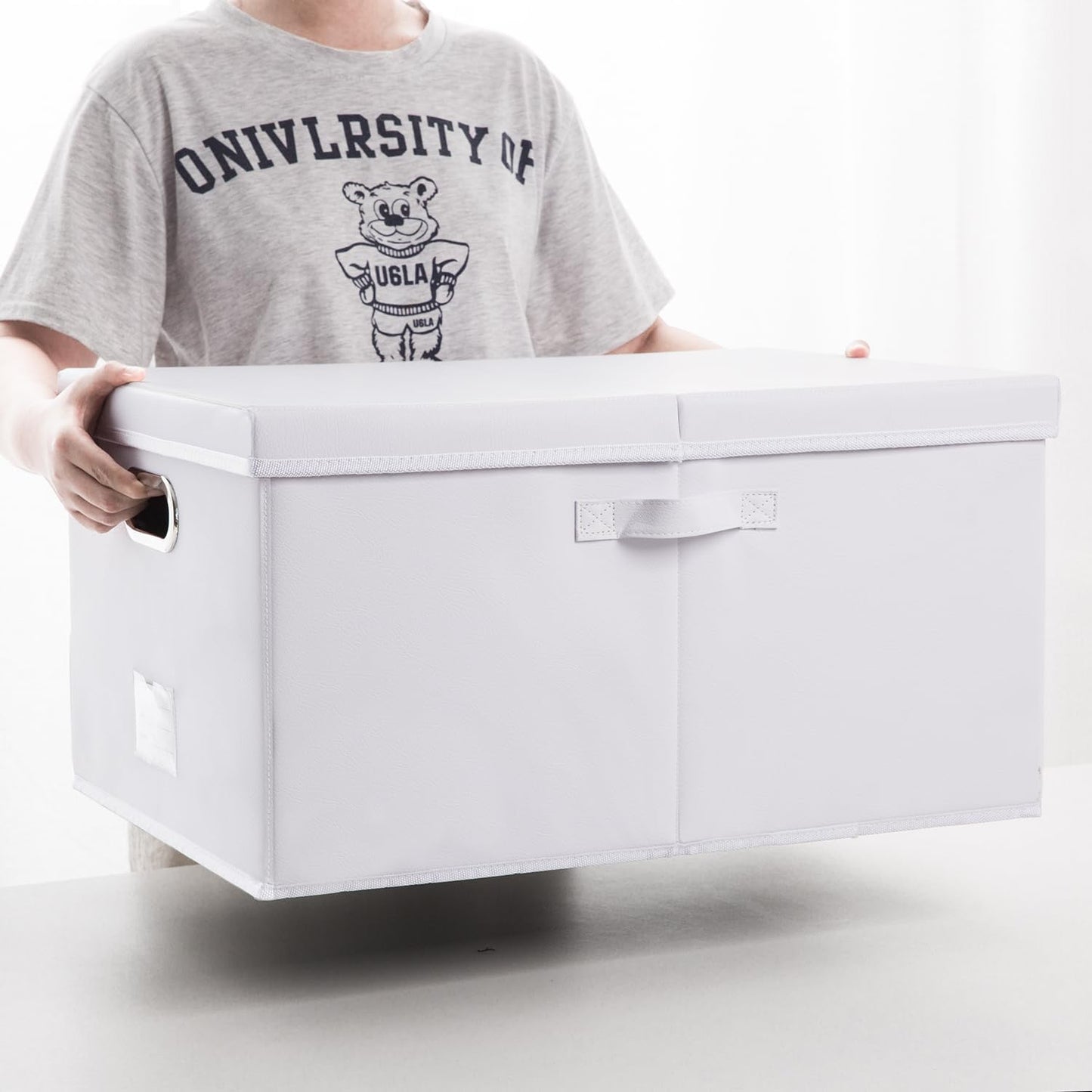 PRANDOM Collapsible Storage Box with Lid [3-Pack] Leather Fabric Foldable Storage Bin Organizer Container Basket Cube with Cover for Home Bedroom Closet Office Nursery White(22.8X15.7X11.8)