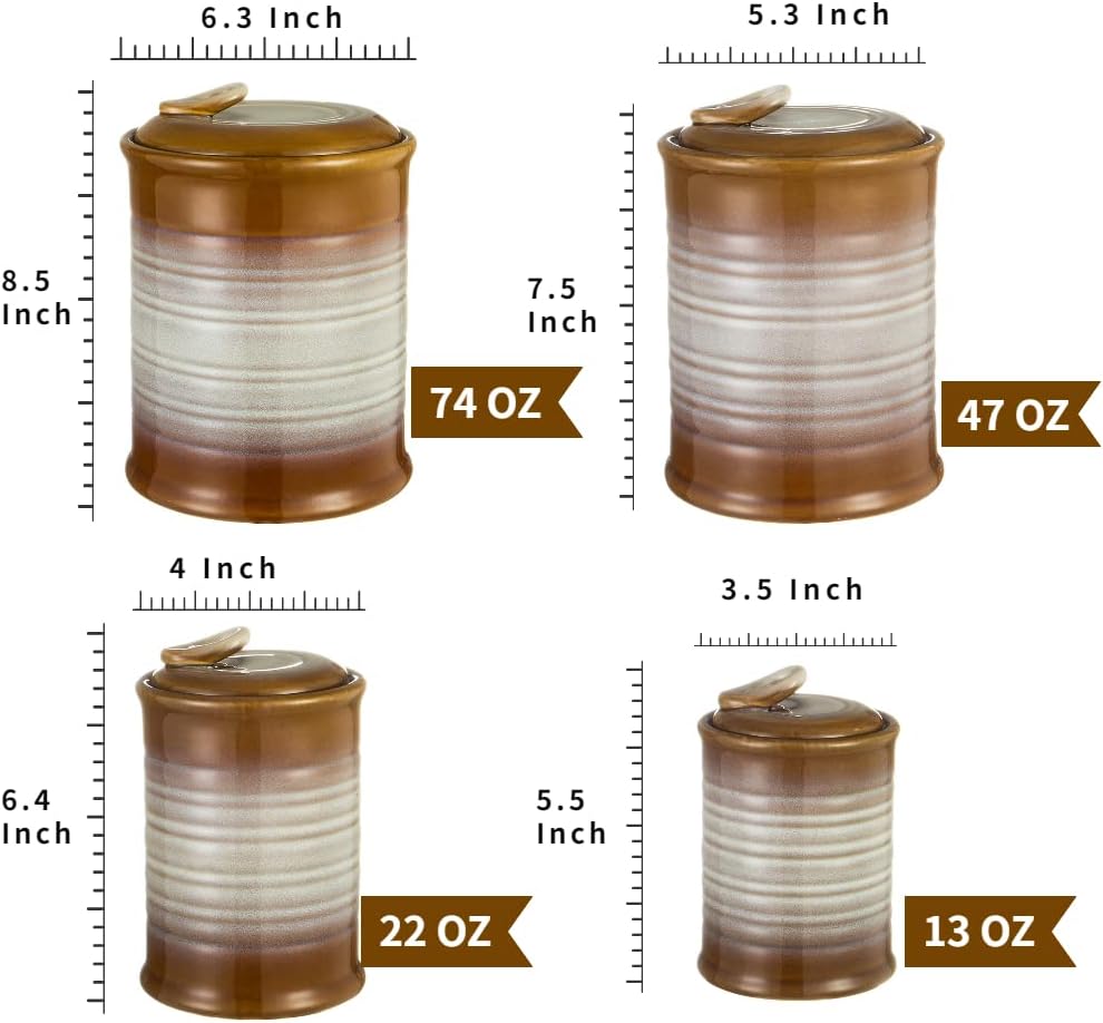 Nihow Ceramic Food Storage Jar Sets: Container with Air Tight Ceramic Lid for Flour/Sugar/Rice/Coffee/Cookies/Candy - Seal Damp-proof Canister for The Kitchen - Set of 4 (Brown)