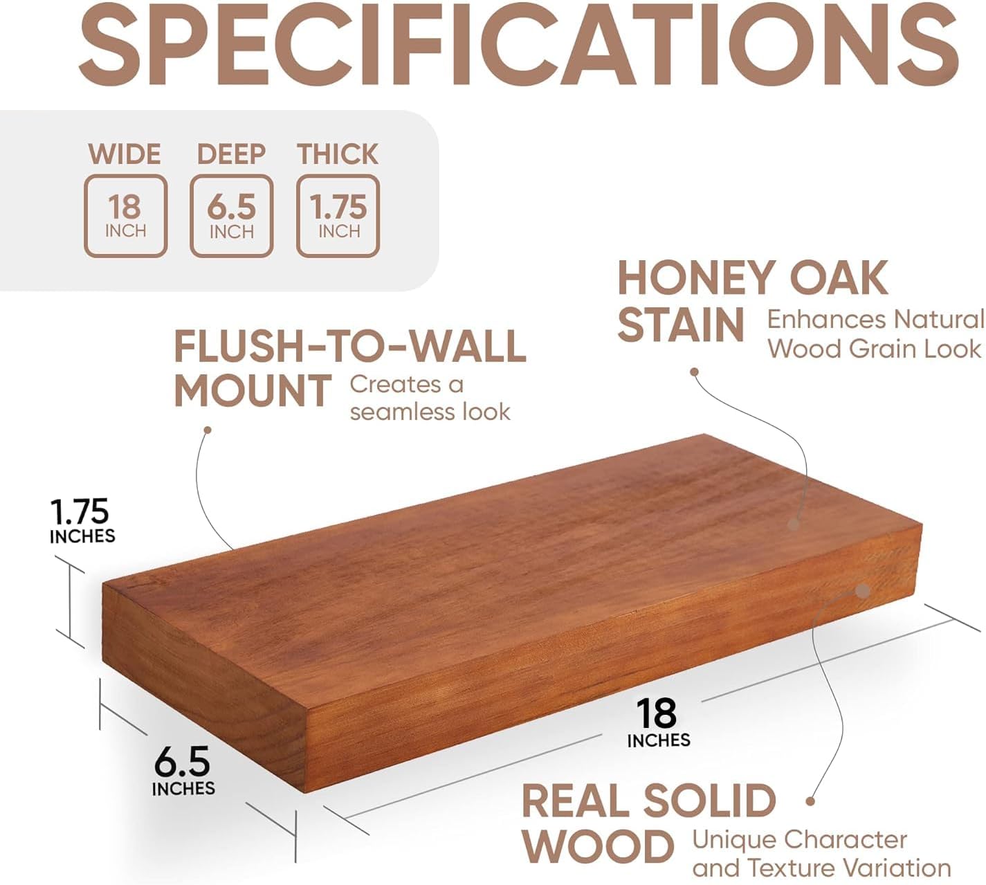 Homeforia 18 inch Floating Shelf Oak, High End Solid Real Wood 18inch Long Floating Shelves for Wall Mounted, Honey Oak Wooden 18in Floating Shelves, Heavy Duty Bracket, 18 X 6.5 X 1.75 inch, Set of 4