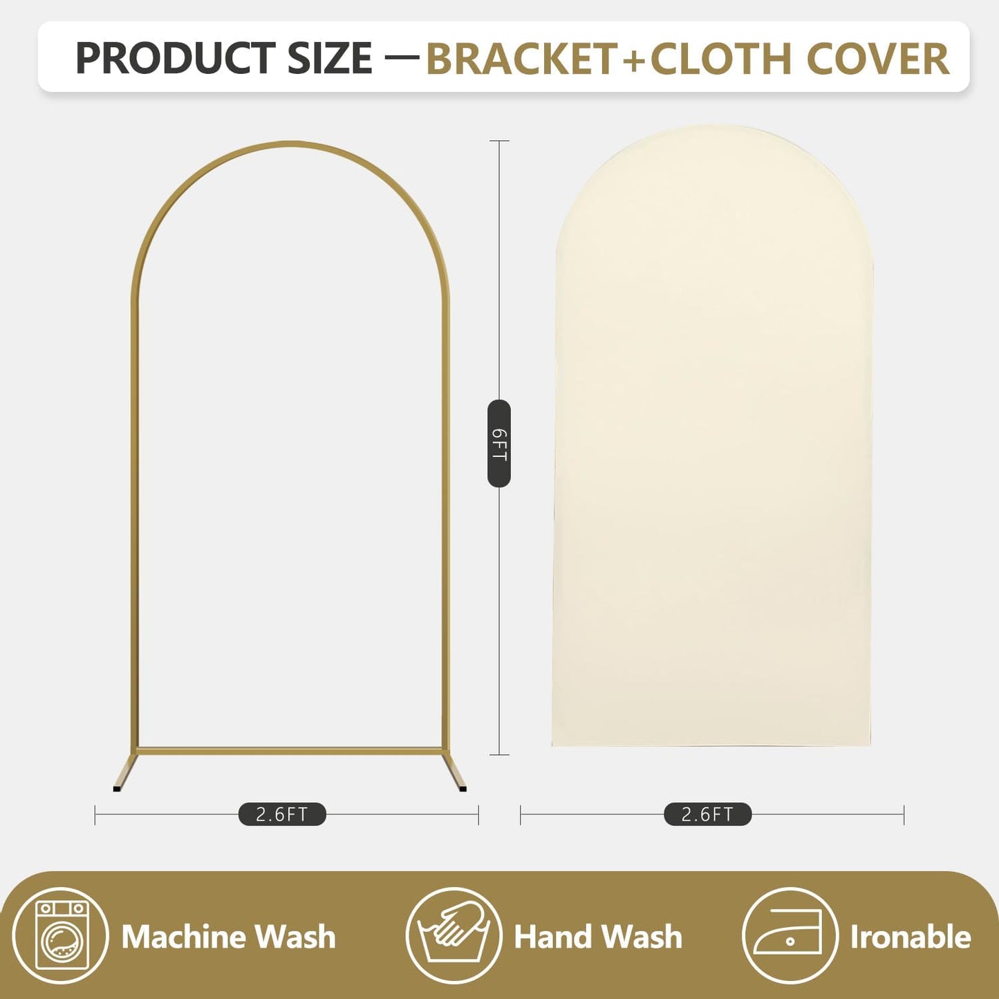 Arch Backdrop Stand and Cover Set, Metal Balloon Arch Backdrop 6ft, Gold Arched Stand Frame for Wedding, Parties,Birthday, Backdrop Decorations (Beige,6ft)