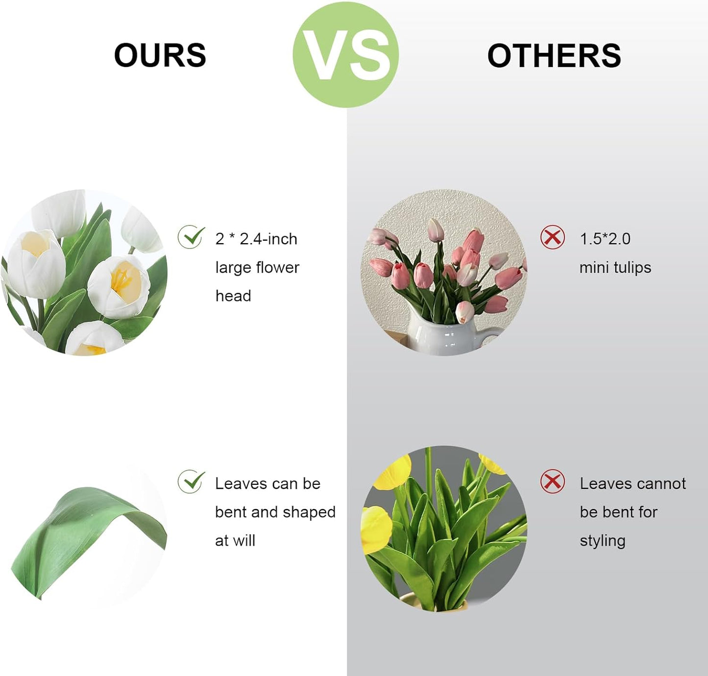 White Artificial Tulips, 2 Bundles 14Pcs, Fake Tulips Artificial Flowers, 2 x 2.4 Inch Large Flower Head Big Tulip, Easter Valentine's Day Mother's Day Home Decoration Flowers