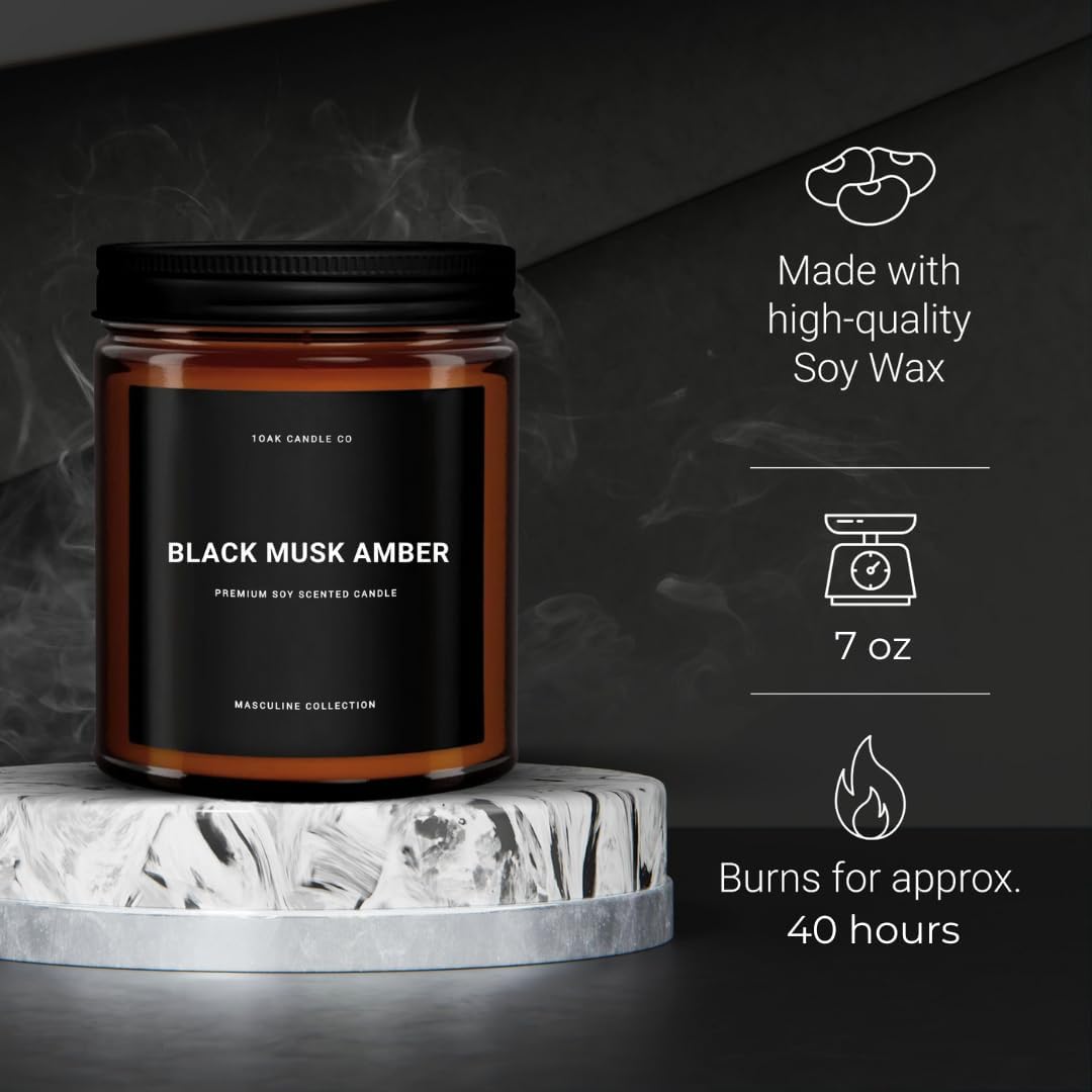 1OAK Black Musk Amber Candle - Soy Wax Scented Candle for Men - 7oz, Long Burning, Masculine - Premium Gift Option
