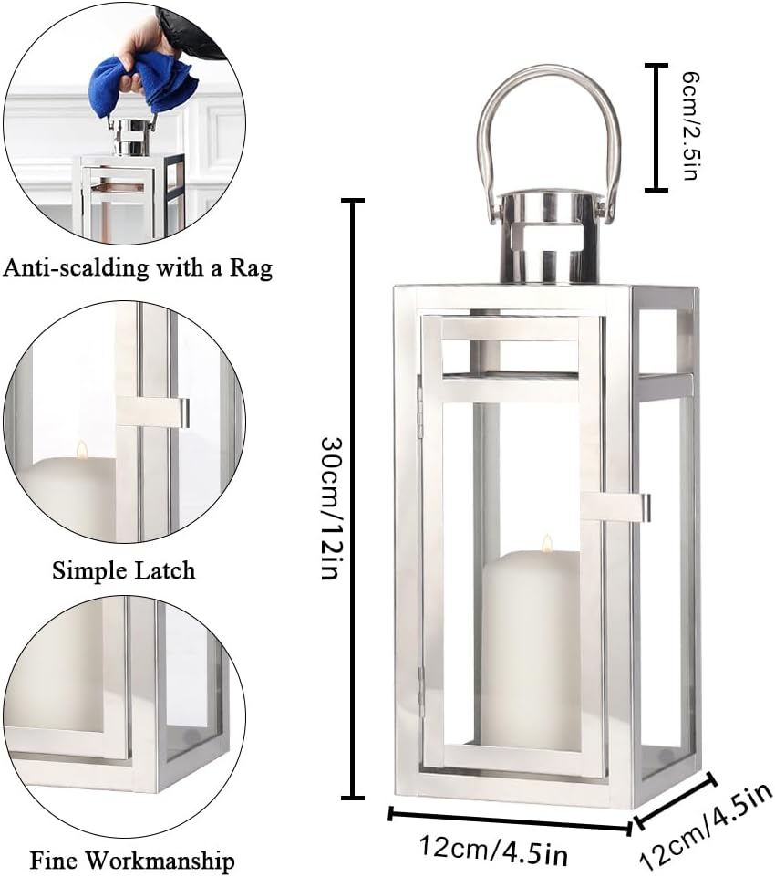 TRIROCKS Set of 2 Stainless Steel Decorative Lantern 12'' High Metal Hanging Lantern with Clear Glass Panels Perfect for Home Decor Living Room Parties Events Tabletop Indoors Outdoors (Silver)