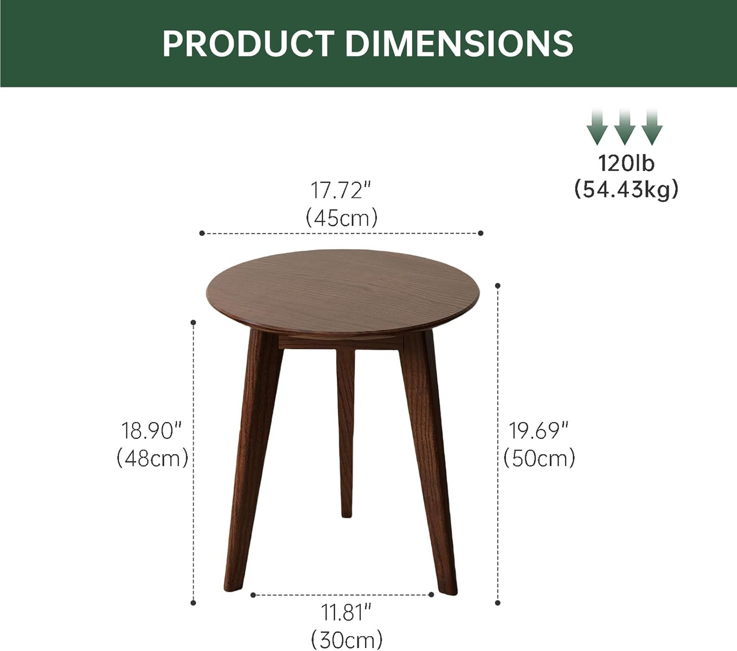 100% Solid Oak Round Side Table, Small Bedside Table for Small Spaces, Living Room End Table with Stable Frame, Modern Nightstand for Bedroom Couch, (Walnut, 17.71" D x 19.68" H)
