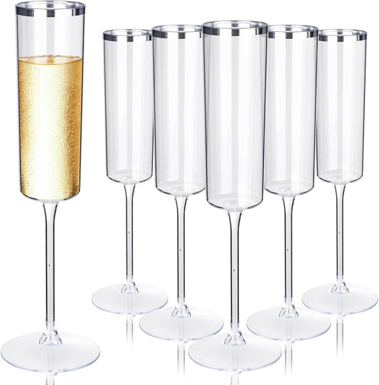Ciaell 24 Pack Silver Plastic Champagne Flutes - 6 Oz Disposable Champagne Glasses - Square Silver Rim Plastic Toasting Glasses for Party Birthday Anniversary Wedding
