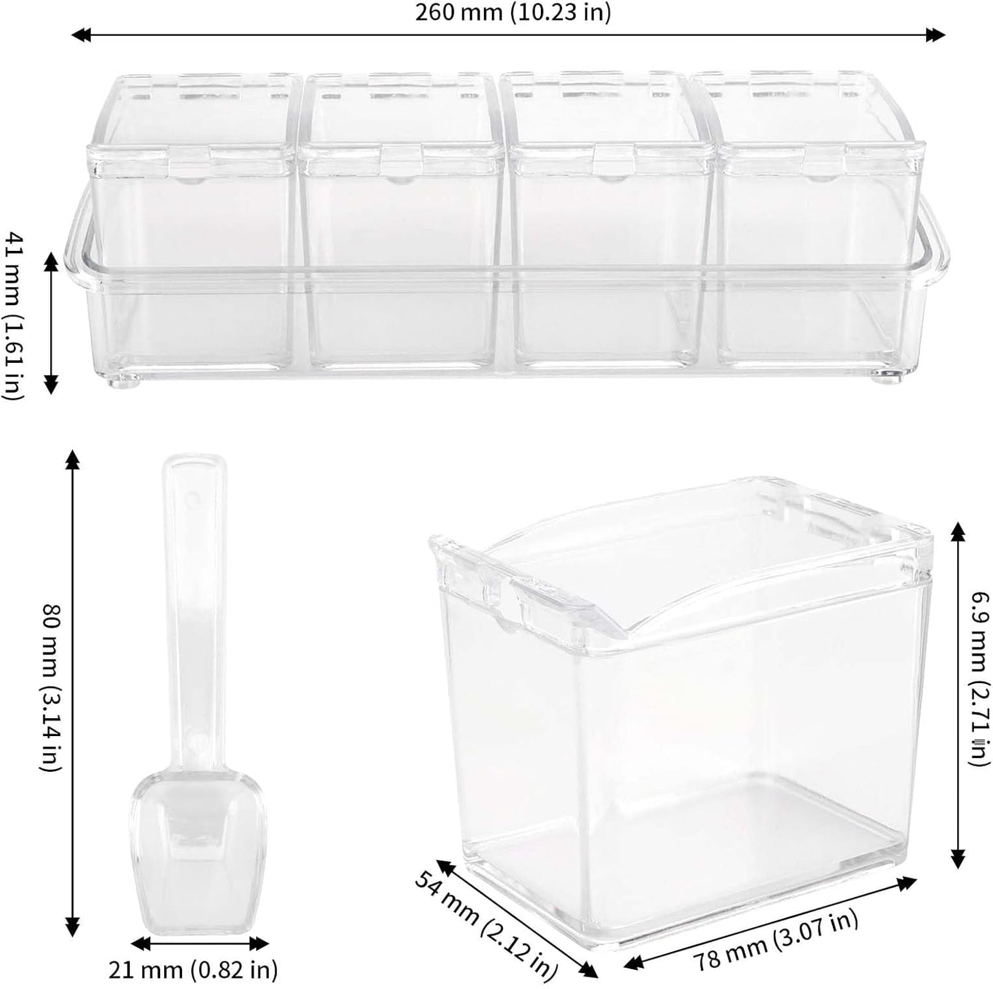 JAPCHET 3 Pack 4 Cell Clear Seasoning Box with Spoons, 10.2 × 3.54 × 3 inch Seasoning Storage Container with Cover, Clear Seasoning Rack Spice Pots for Spice, Salt, Sugar