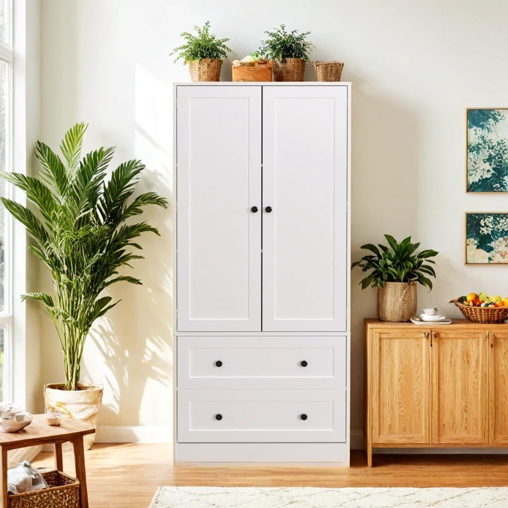 64.2" Tall White Kitchen Pantry, Storage Cabinet with Doors and Drawers, Freestanding Wooden Organizer for Kitchen, Dining Room