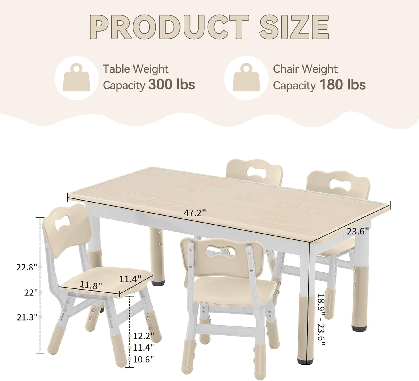 Kids Study Table and Chairs Set, Height Adjustable Toddler Table and Chair Set for Kids Ages 3-8, Graffiti Desktop (Burlywood - 2)
