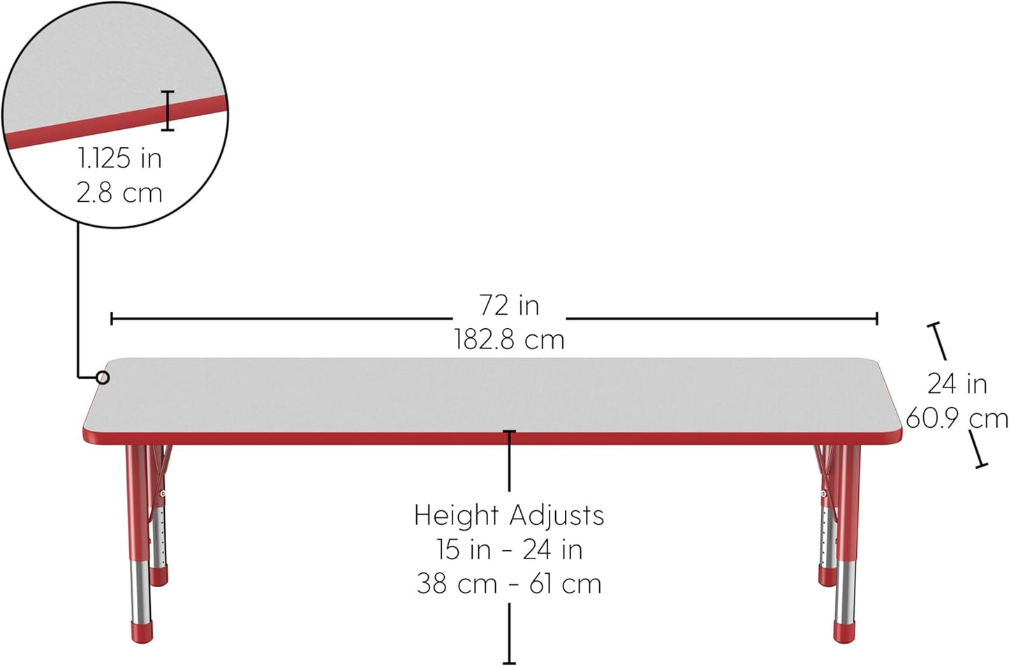 FDP Rectangle Activity School and Classroom Kids Table (24 x 72 inch), Chunky Toddler Legs, Adjustable Table Height 15-24 inches - Gray Top and Red Edge