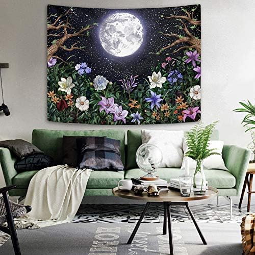 Neasow Aesthetic Moon Garden Tapestry Wall Hanging, Night Landscape with Colorful Plants Floral Tapestries for Bedroom Home Decor Multi Color 50×60 inch (130cm×150cm)