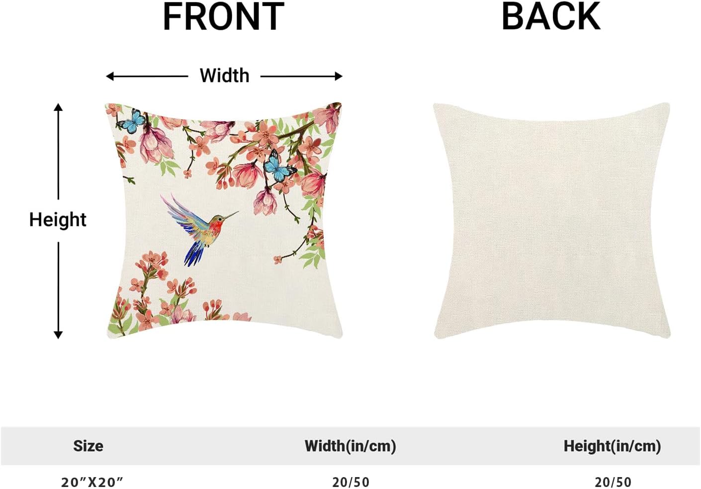 Hummingbird Flower Pillow Covers 20 x 20 Inch Set of 2 for Watercolor Floral and Birds Spring Blooming Decor Throw Pillows Nature Plant Outdoor Decorative Cushion Cases for Couch Bed Decoration