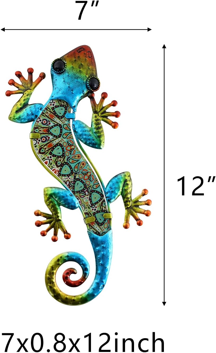 HONGLAND 2Pcs Metal Gecko Wall Decor Lizard Garden Art Color Hanging Glass Sculpture for Indoor Outdoor Patio Fence (Symphony)