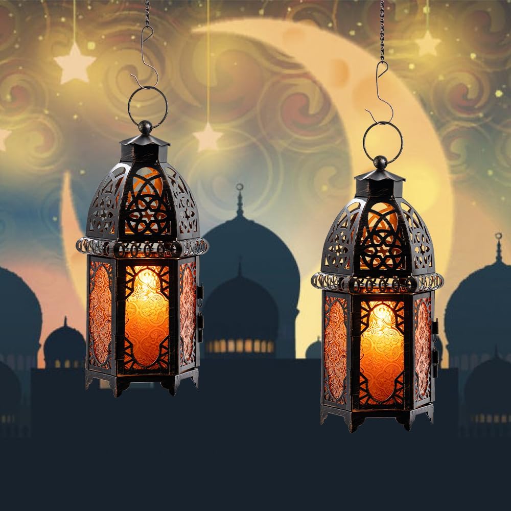 NEEDOMO Set of 2 Moroccan Lanterns Decorative Indoor & Outdoor, Hanging Candle Lantern, 11'' Vintage Candle Holder, Metal Lanterns Decorative, Table, Patio, Porch, Shelf, Gothic Home Decor (Amber)