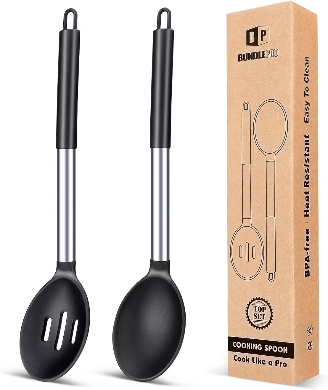 Pack of 2 Large Silicone Cooking Spoons,Non Stick Solid Basting Spoon,Heat-Resistant Kitchen Utensils for Mixing,Serving,Draining,Stirring (BLACK)