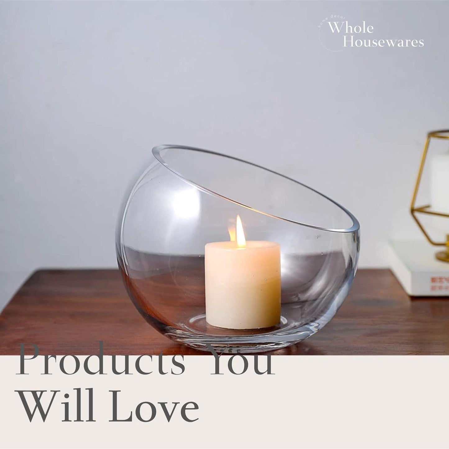 WHOLE HOUSEWARES | Slant Cut Bowl Glass Vase, Width 6.3", Height 5", Clear Terrarium Jar, Candy Jar, Fruit Jar, Floral Container for Wedding Party Event, Home Office Decor, 1 Piece