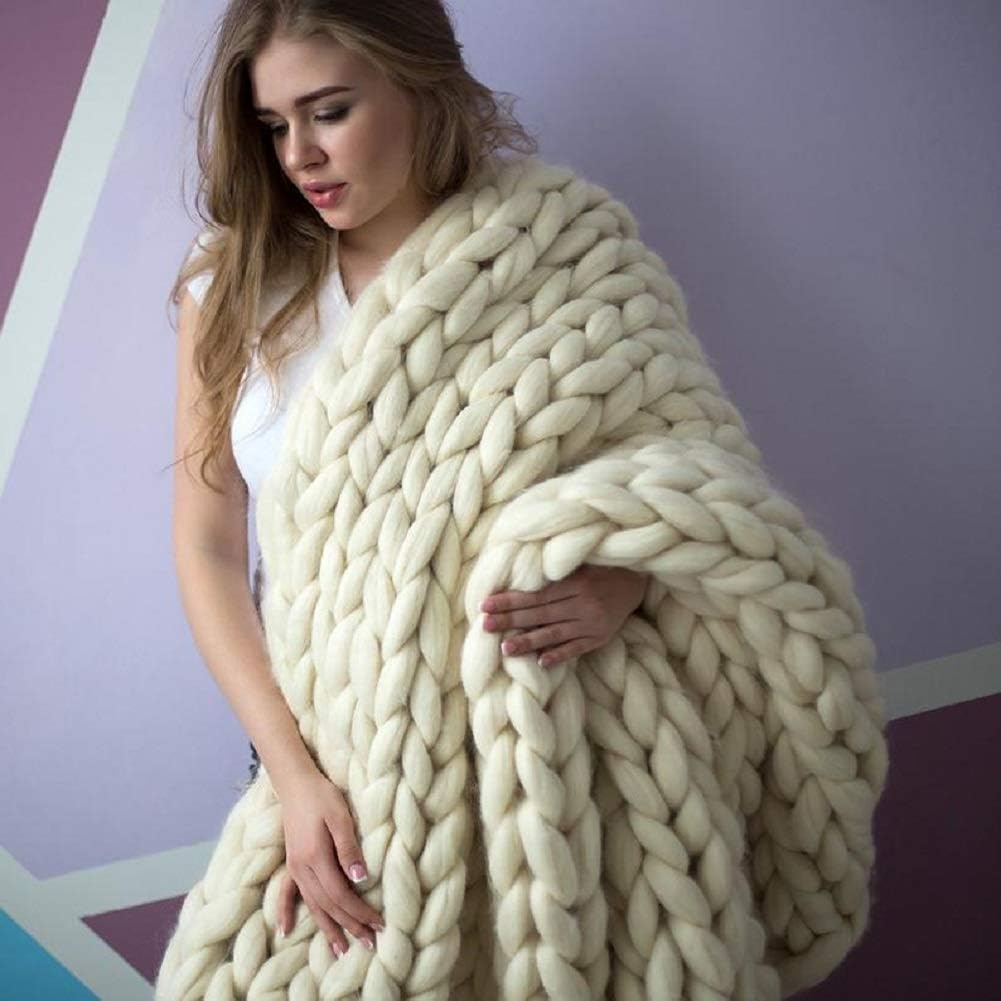Chunky Knit Blanket Hand Made Merino Wool Throw Boho Bedroom Sofa Home Decor Giant Yarn(Ivory White 80"x80")