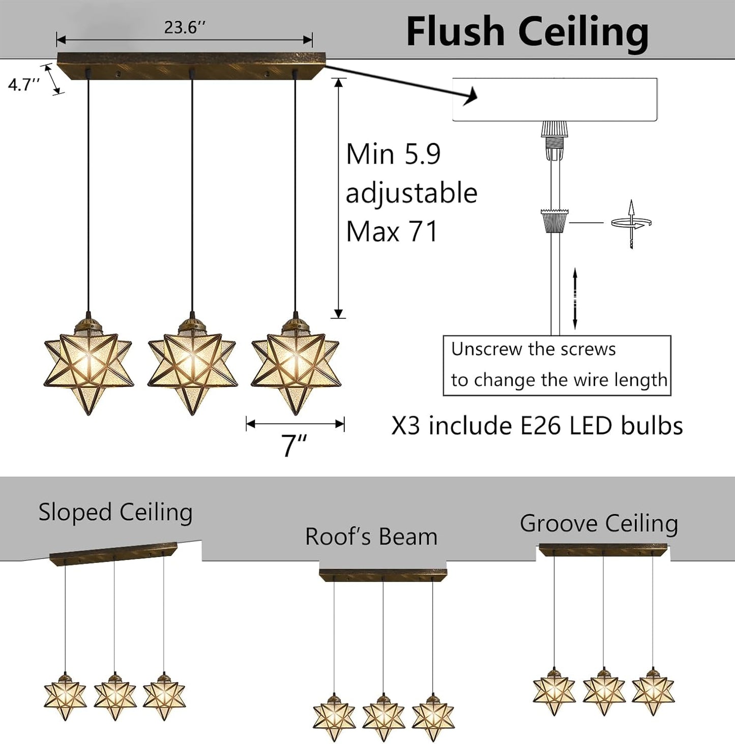 Glass Glam Chandelier 3 Lights Star Pendants Light Fixture for Dining Table Kitchen Island Modern Ceiling Hanging Lights Included LED Warm Light Bulbs Oiled Bronze