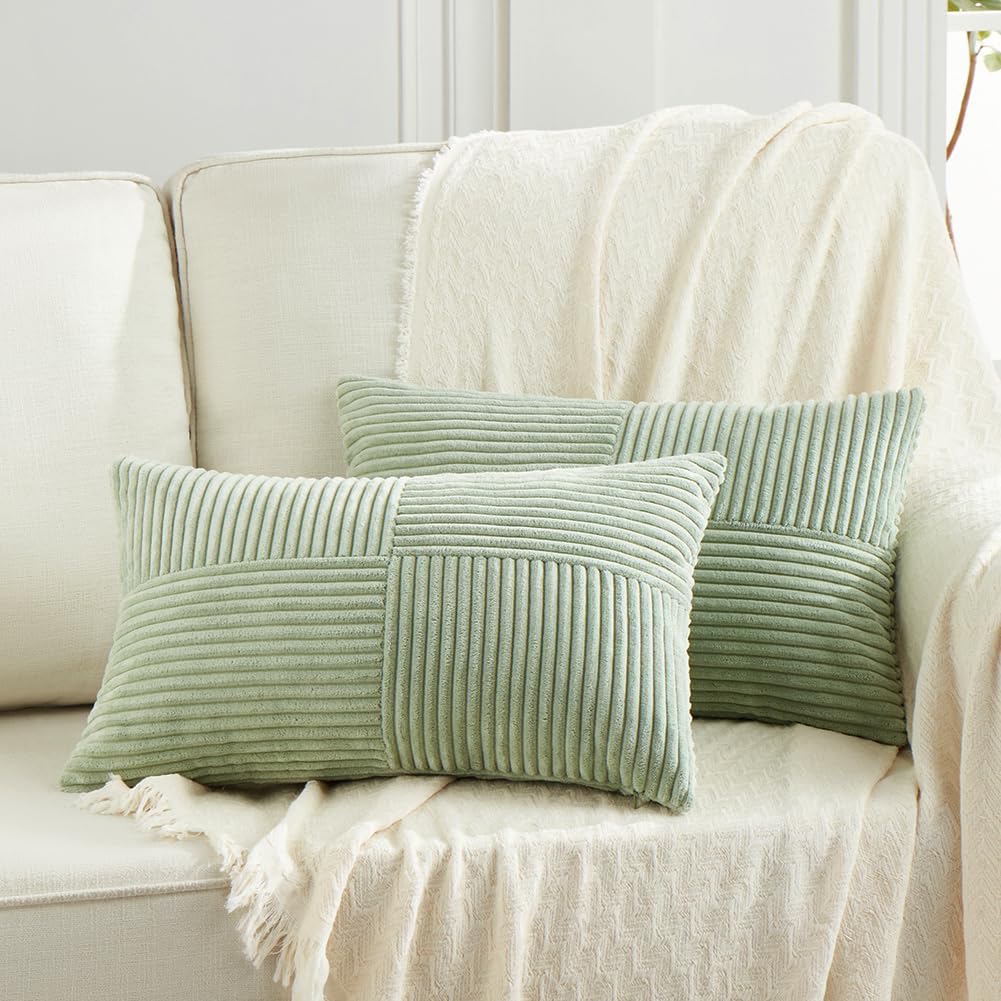 Fancy Homi 2 Packs Sage Green Long Lumbar Decorative Throw Pillow Covers 16x24 Inch for Couch Bed Sofa, Rustic Farmhouse Boho Home Decor, Soft Striped Corduroy Rectangle Accent Cushion Case 40x60 cm