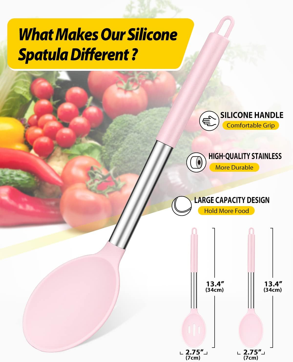 Pack of 2 Large Silicone Cooking Spoons,Non Stick Solid Basting Spoon,Heat-Resistant Kitchen Utensils for Mixing,Serving,Draining,Stirring (PINK)