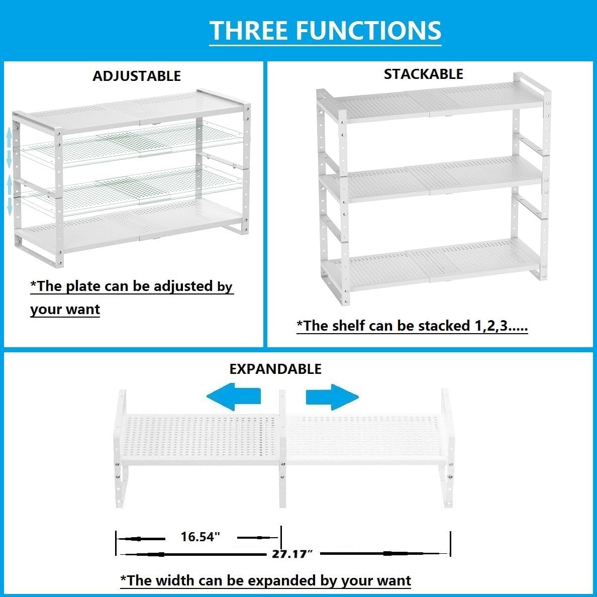 Expandable,Adjustable & Stackable Spice Rack, Cabinet Kitchen Countertop Shelf Organizer,Metal Pantry Storage Shelves - Space-Saving Storage Solution(1Pack/White/Large)