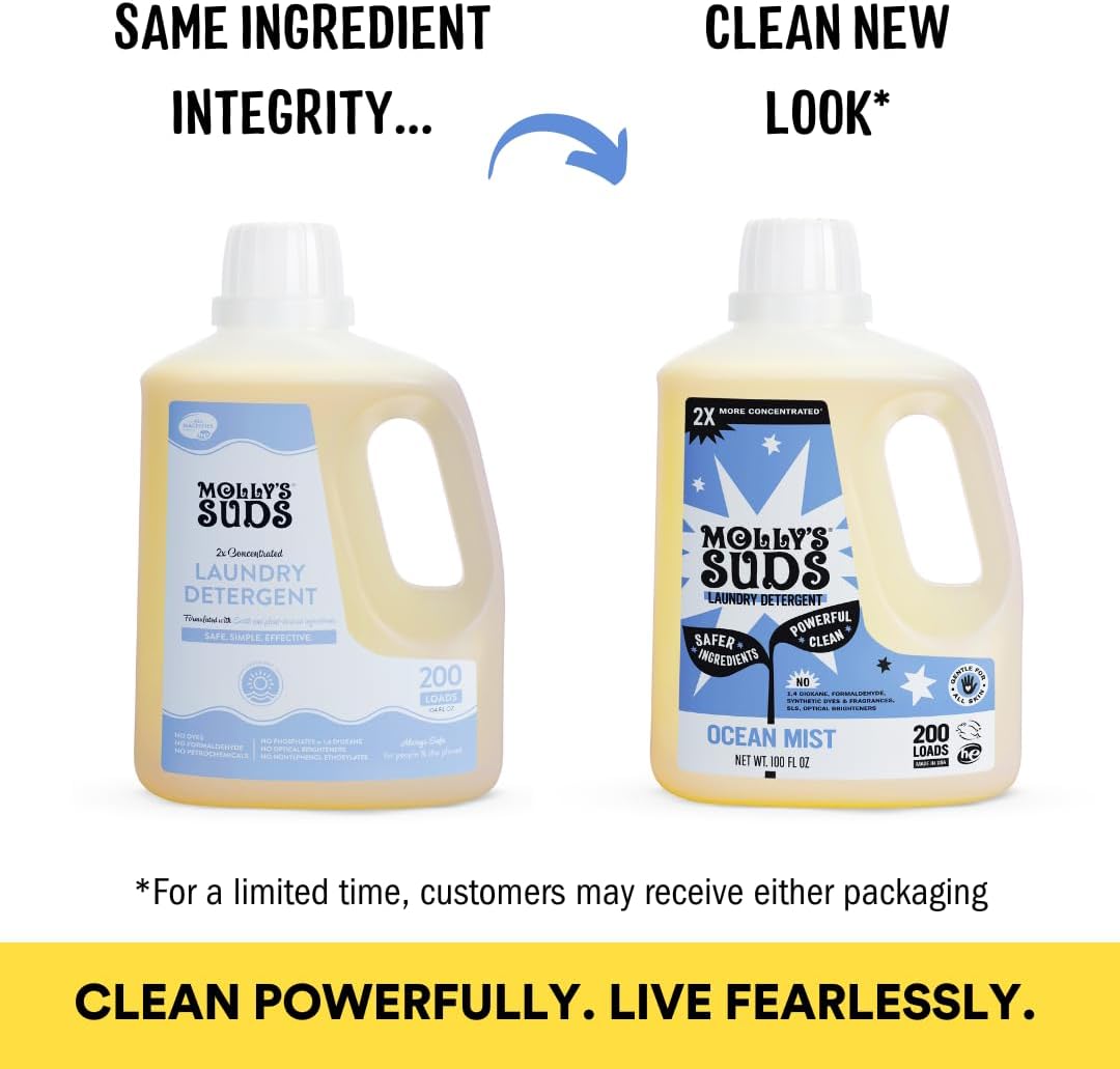 Molly's Suds Liquid Laundry Detergent | Clean Laundry Detergent Soap for Sensitive Skin | 2x Concentrated, High Efficiency (HE) (Ocean Mist - 200 Loads)