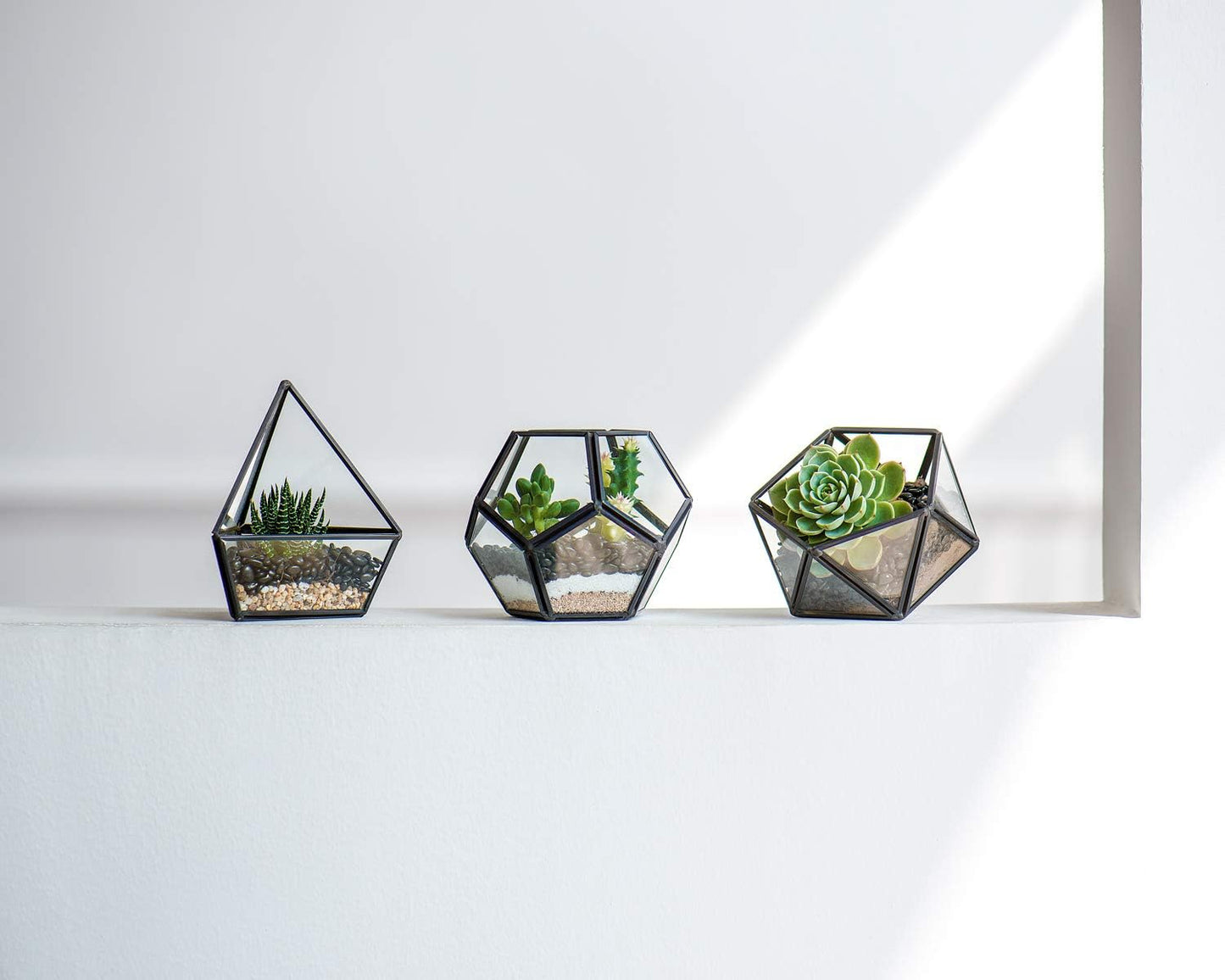 Mkono 4 Inches Mini Glass Geometric Terrarium Container Set of 3 Modern Tabletop Planter Shelves Decor Display Centerpiece for Succulent Miniature Fairy Garden Air Plant, Black(Plant Not Included)