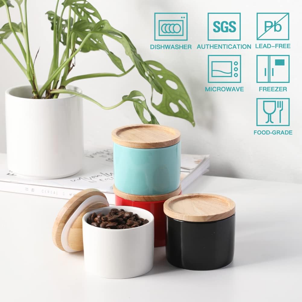 Sweejar Kitchen Canisters Ceramic Food Storage Jar, Stackable Containers with Airtight Seal Wooden Lid for Serving Ground Coffee, Tea, Sugar, Spice and More - 5 Fl Oz(White)