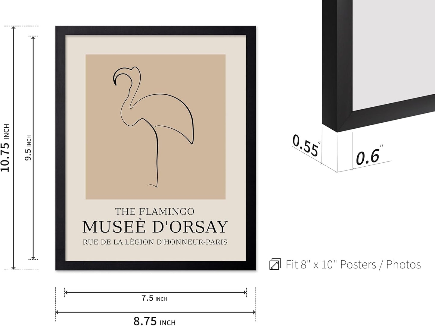 Poster Master Vintage Poster - Retro Minimalist Print - Gift for Artist, Housewarming - Flamingo, Line Drawing, Sketch, Abstract - Wall Decor for Living Room, Bedroom, 8x10 Black Framed