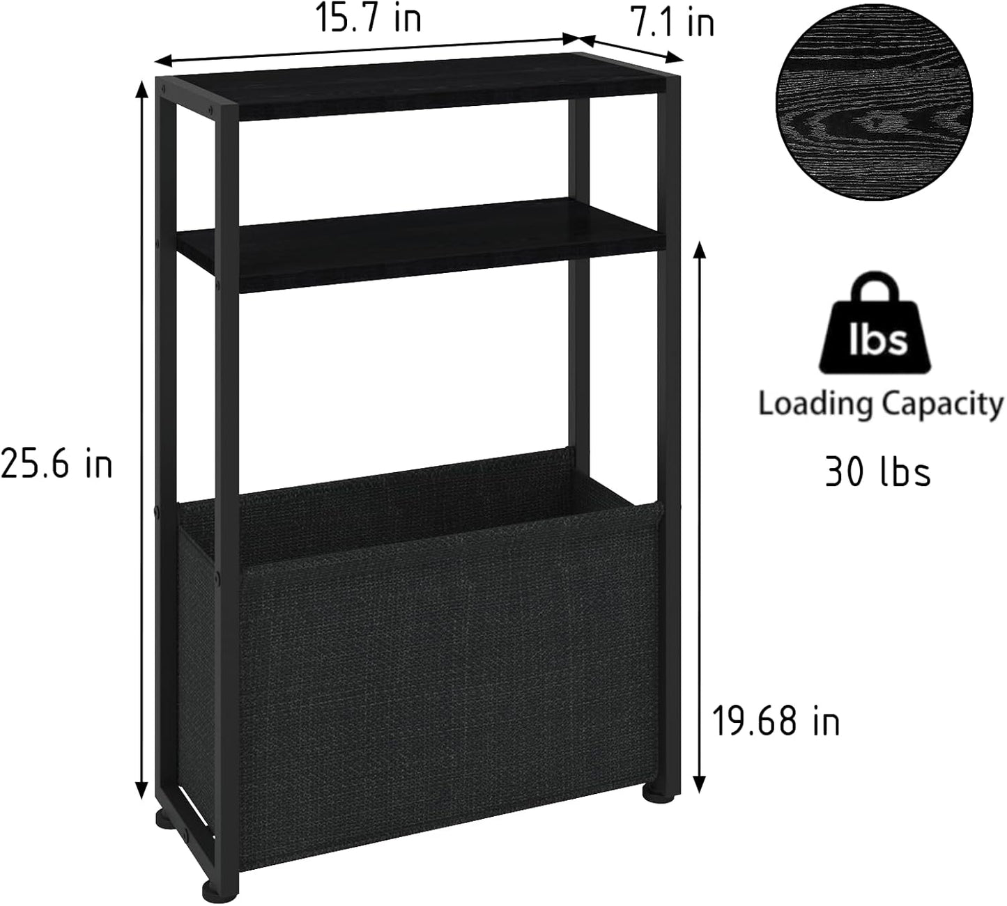 Narrow Side Table, Slim End Tables with Fabric Basket, Skinny Table for Small Spaces, Thin Bedside Table for Living Room, Bedroom (1, Ebony Black + Slate Gray)