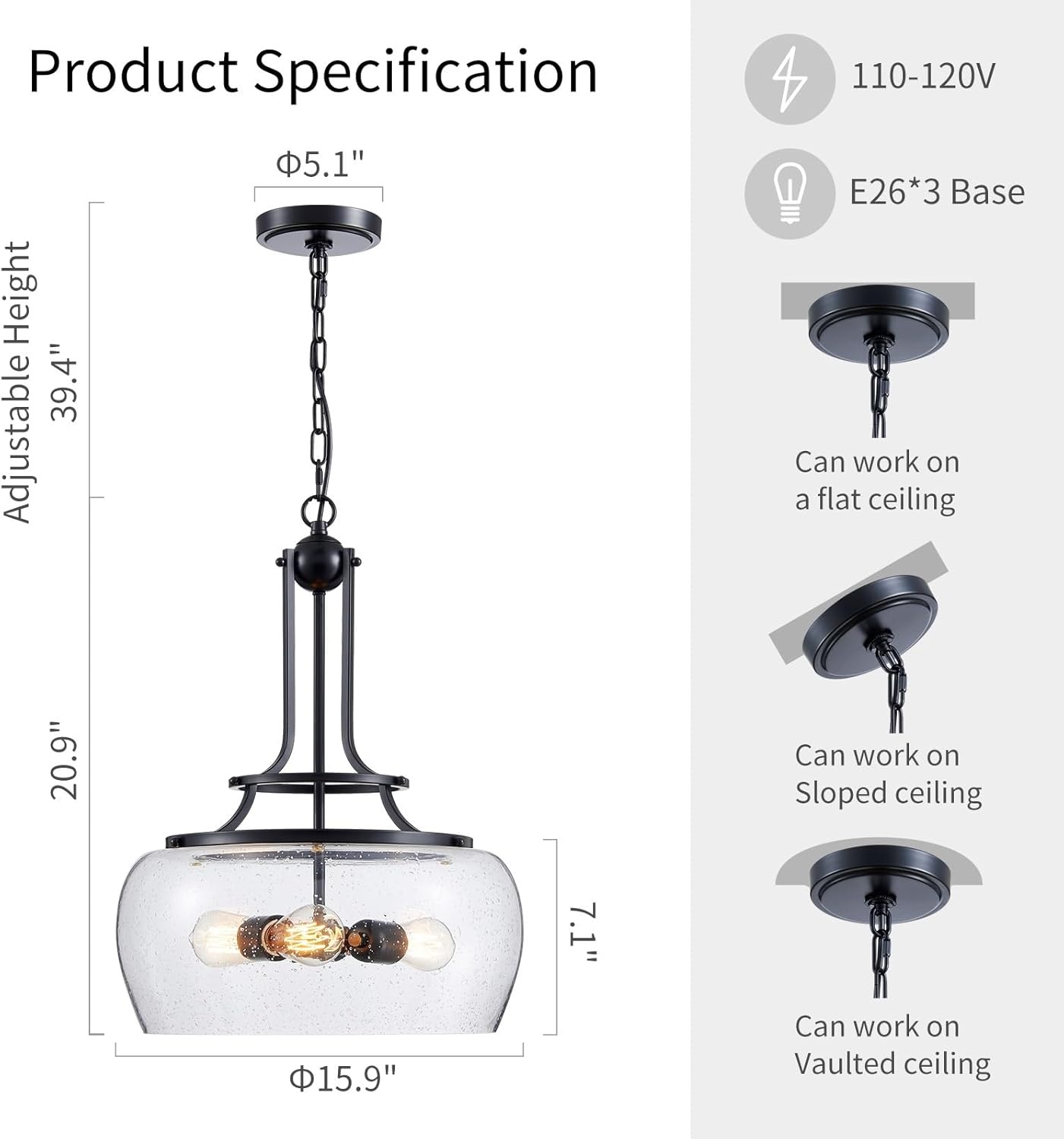 WUZUPS Chandelier Rustic Farmhouse Industrial Round Ceiling Pendant LED Light Fixture Clear Seeded Glass Shade for Dining Room Kitchen Island Foyer Entryway, H 20.9" x W 15.9", Black