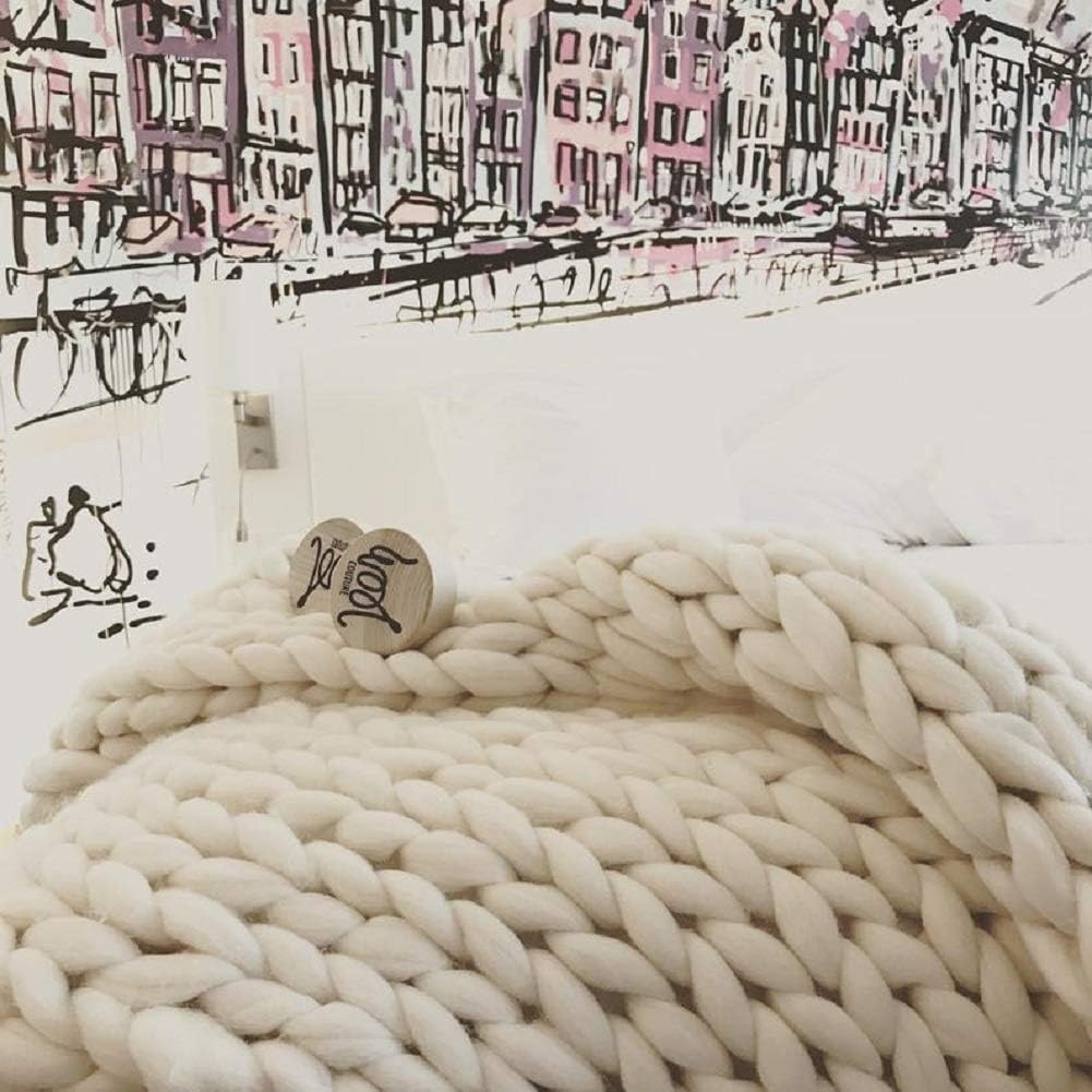 Chunky Knit Blanket Hand Made Merino Wool Throw Boho Bedroom Sofa Home Decor Giant Yarn(Ivory White 80"x80")