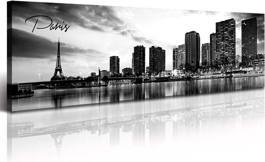 DJSYLIFE Paris Eiffel Tower Skyline Wall Art Black and White Modern City Night View Panoramic Cityscape Picture Paintings Canvas Prints Office Room Home Decoration Artwork Framed 13.8"X47.3"