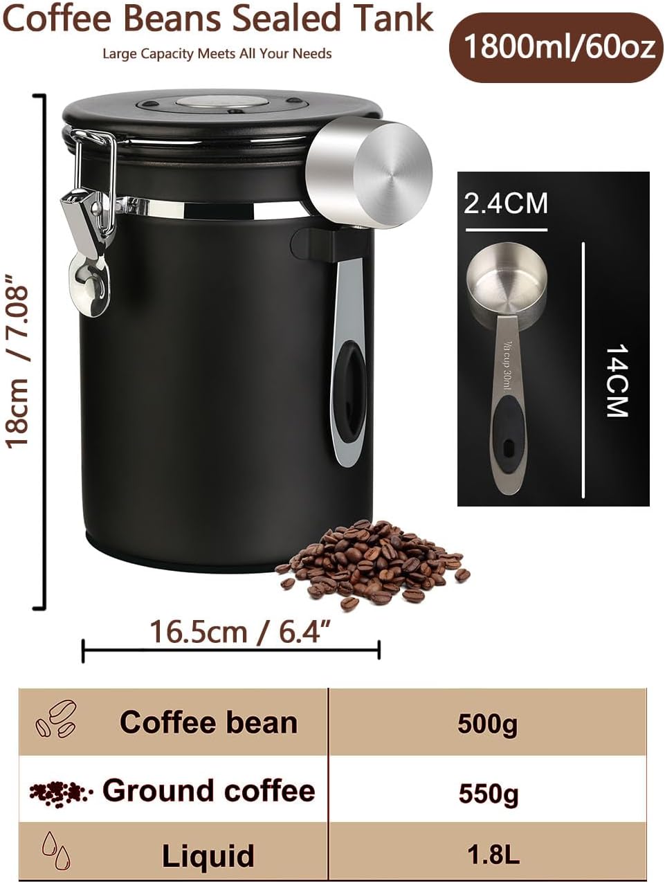 Coffee Canister Airtight Storage Container Stainless Steel Coffee Jar with Scoop,Date Tracker CO2 Release Valve for Dry Food Beans Ground Tea Flour Cereal and Sugar