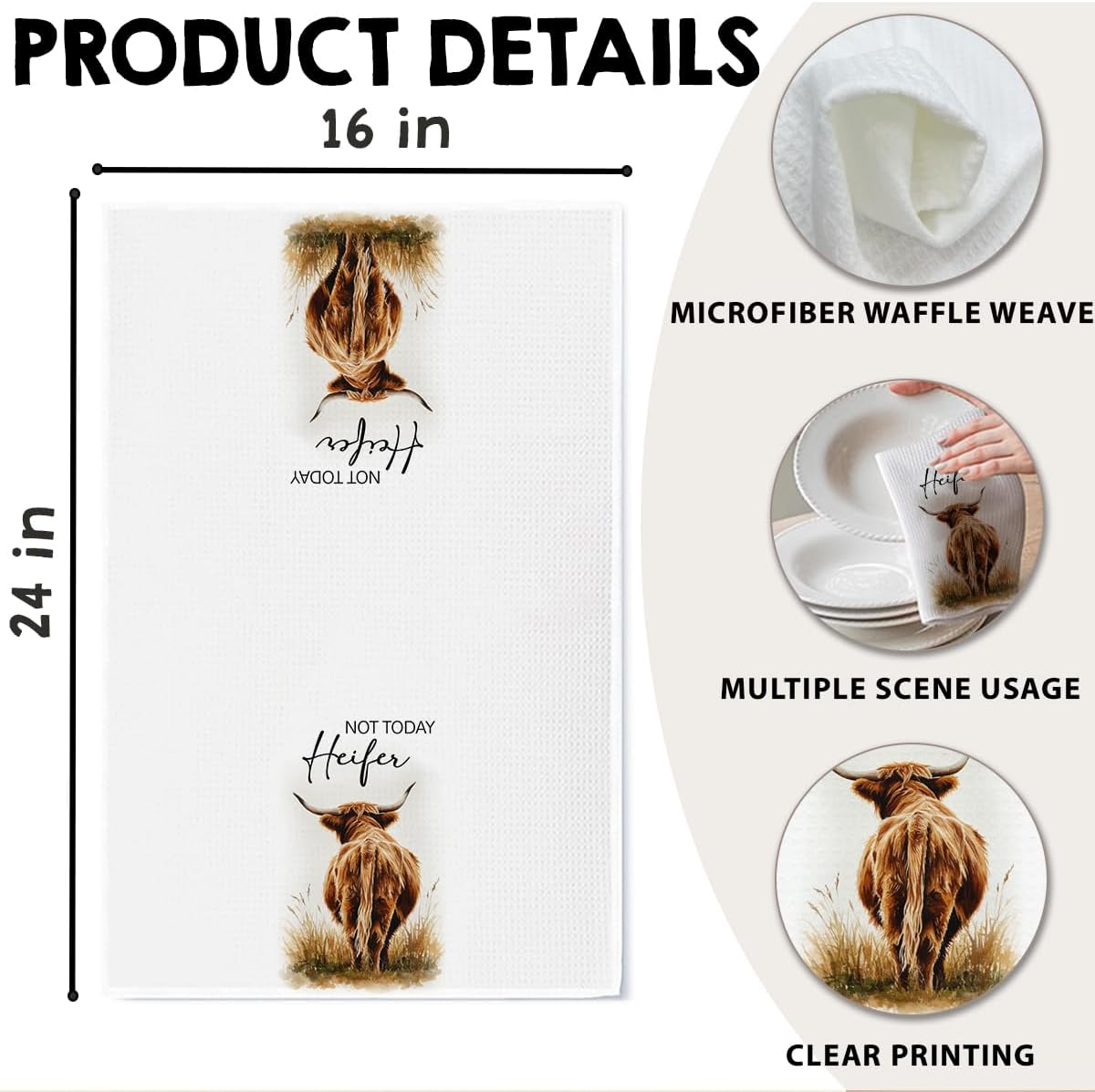 Not Today Heifer Highland Cow Hand Towels for Farmhouse Kitchen Bathroom Decor | Funny Waffle Weave Microfiber Dish Towel Western Gift