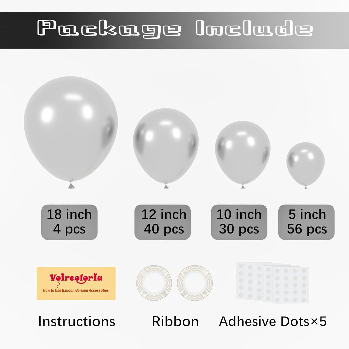 130pcs Metallic Silver Balloons Different Sizes 18" 12" 10" 5" Chrome Silver Balloon Garland Arch Kit for Graduation Birthday Baby Shower Wedding Anniversary New Year Party Decorations