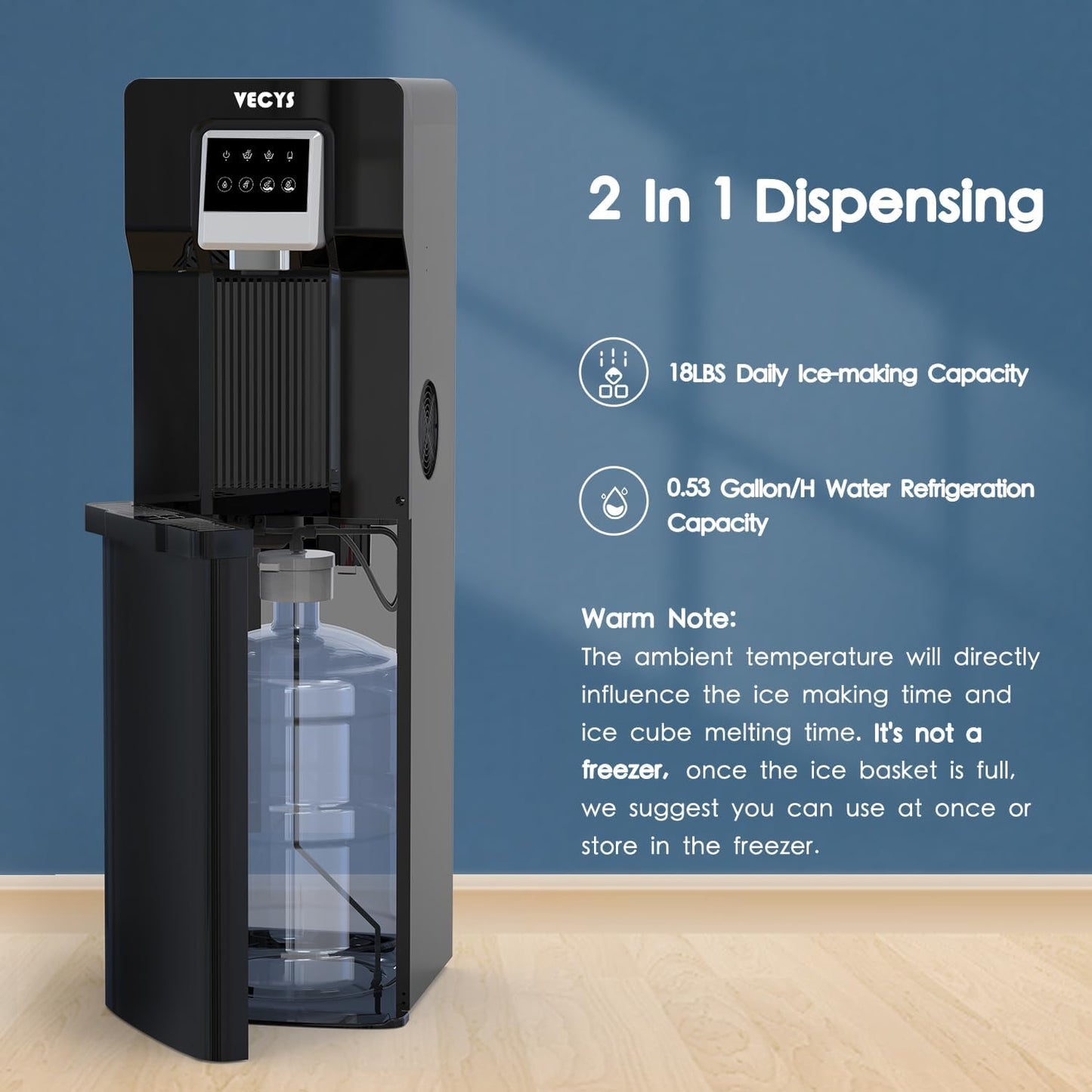 VECYS Bottom Loading Water Cooler with Ice Maker, Cold Water Supply with 18LBS Daily Ice Making, Compatible with 3 or 5 Gallon Bottles, Ideal for Home and Office (No Hot Water)